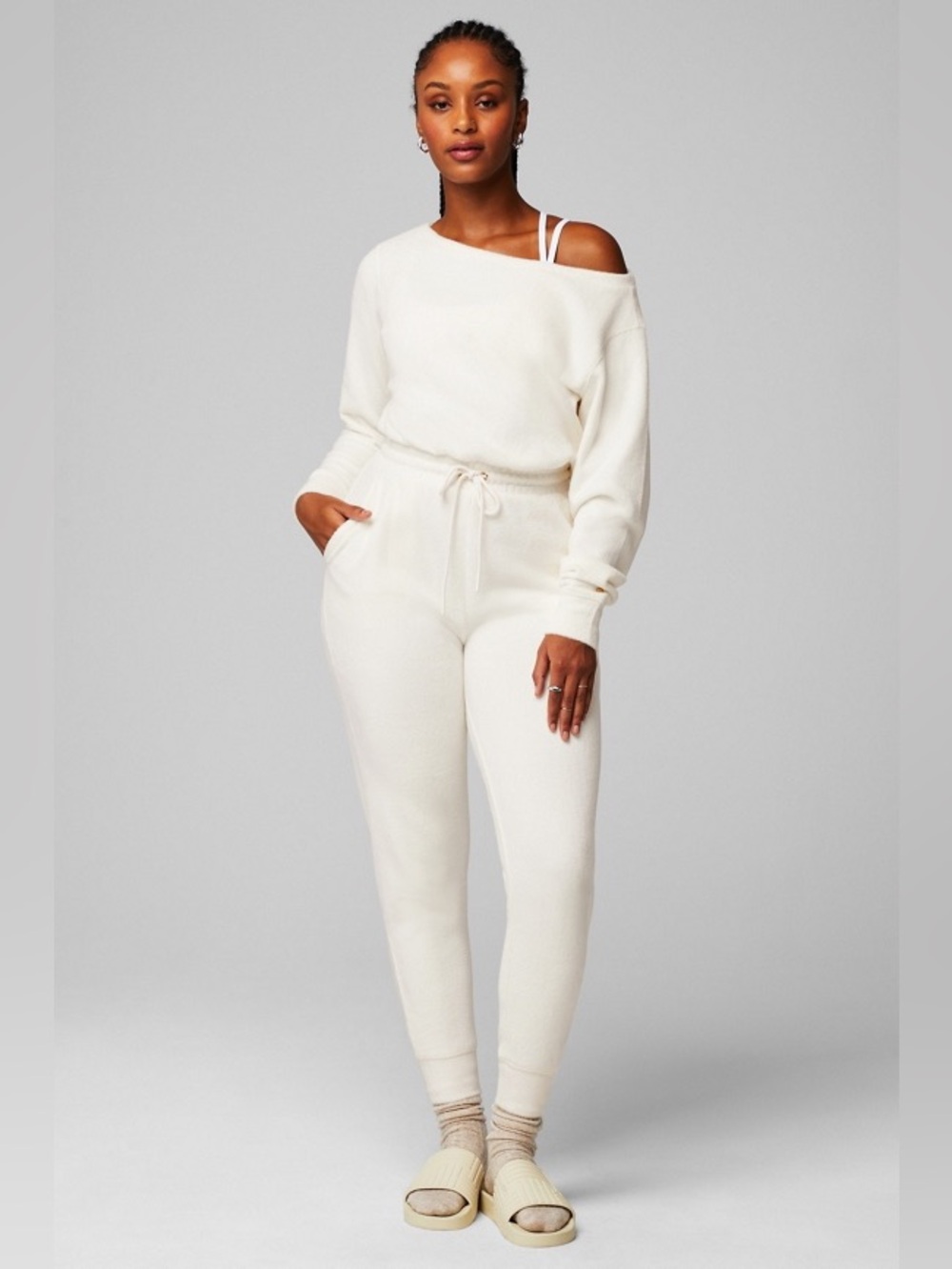 New Fabletics Cozy Cord Off Shoulder Jumpsuit in Bone Size XS $99.95